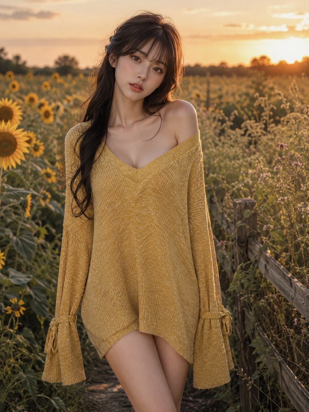 Sunset Meadow Whispers ultra Slouchy golden Sun-Kissed Bell Sleeve sweater